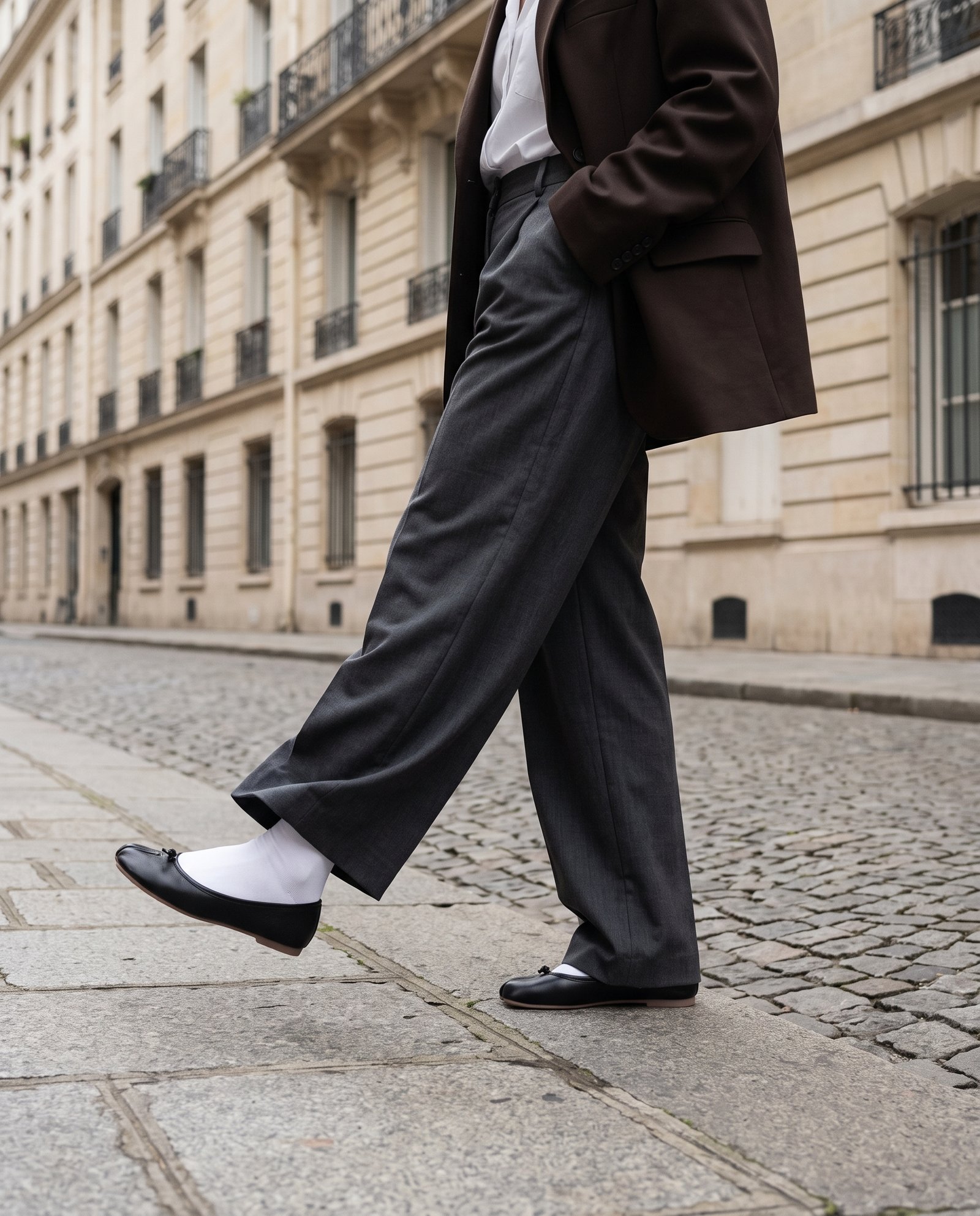 Ballerines tabi noires et chaussettes en coton portées avec un pantalon large gris.