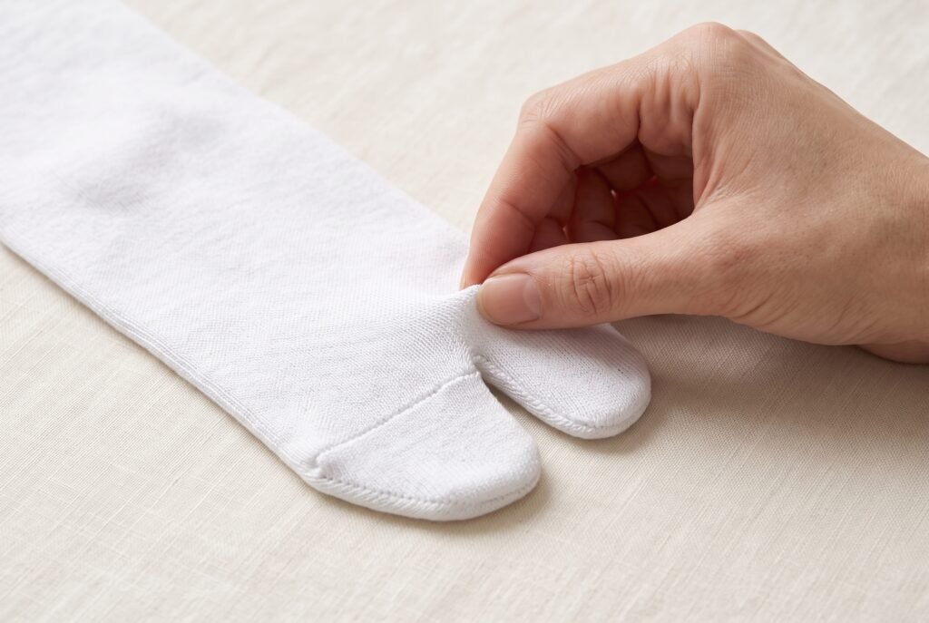 Gros plan sur la maille en coton et le bout fendu d'une chaussette tabi Marei.