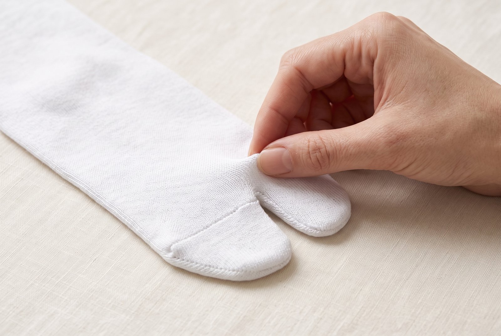 Main touchant la maille en coton et le bout fendu d’une chaussette tabi Marei.