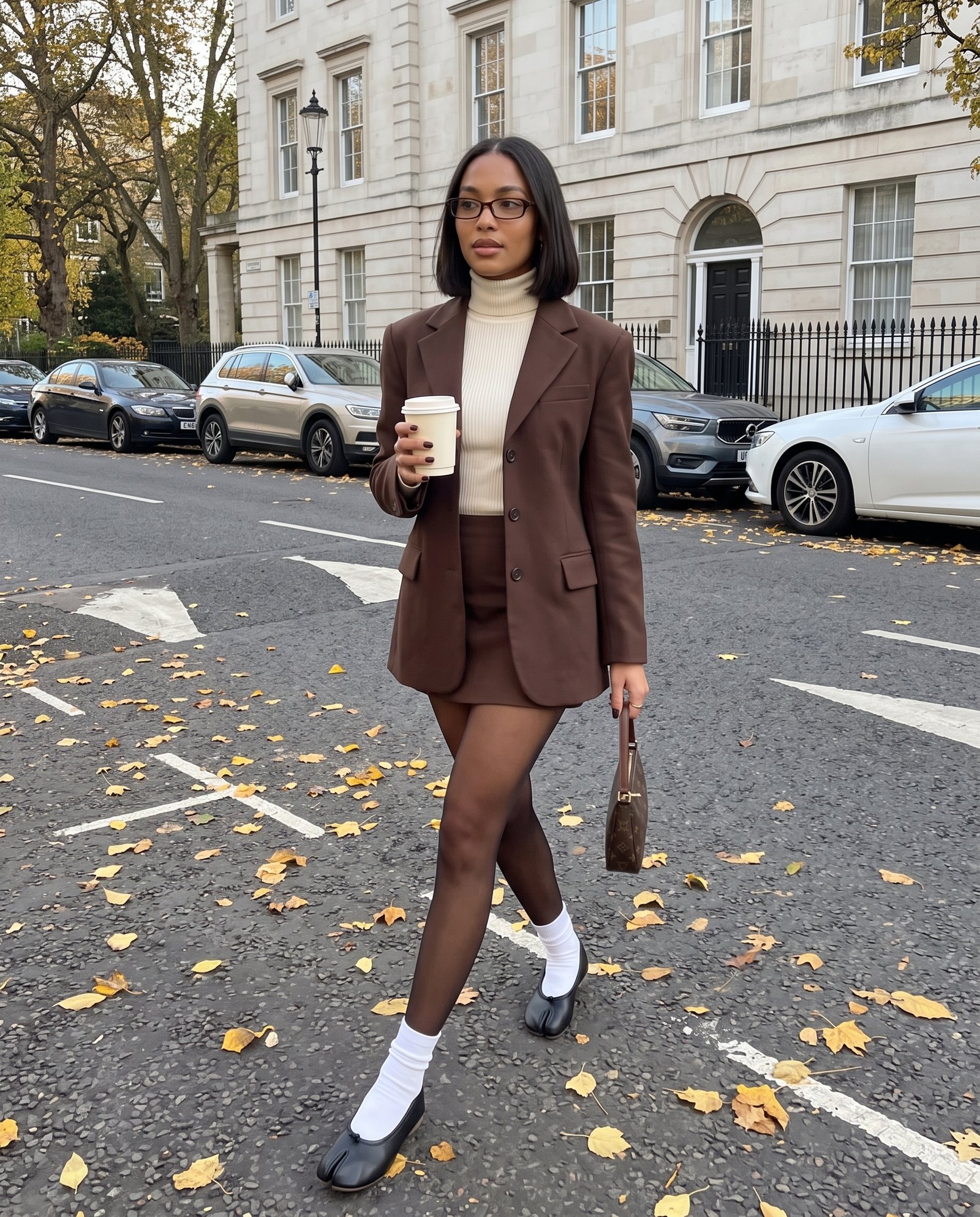 Femme en tenue marron portant des ballerines Tabi noires avec des chaussettes blanches en ville