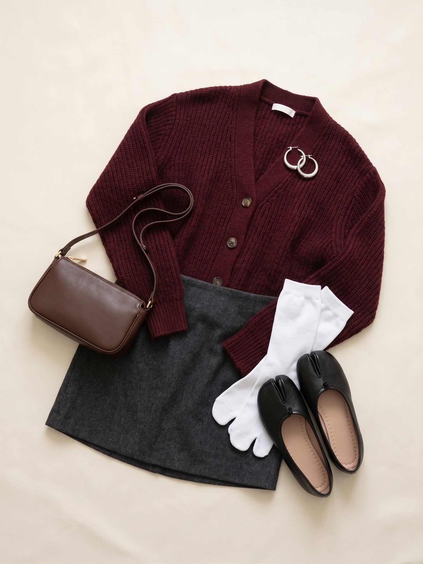Idée de tenue avec des chaussettes tabi, des ballerines, un cardigan bordeaux et une mini-jupe grise.