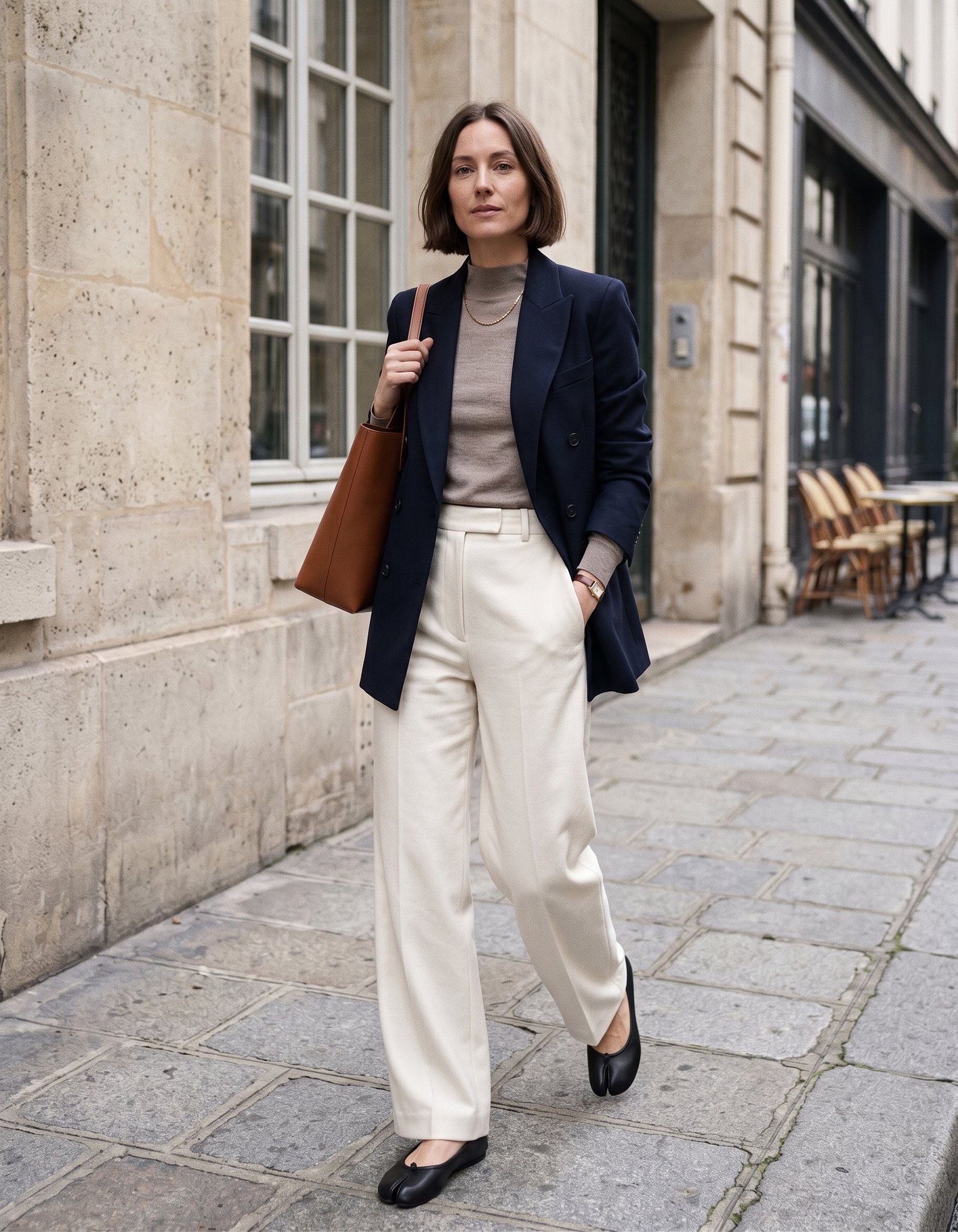 Femme en blazer noir et pantalon écru portant des ballerines tabi noires