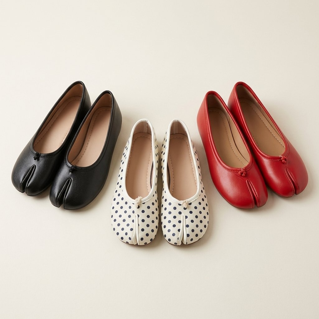Ballerines tabi rouges, noires et écrues