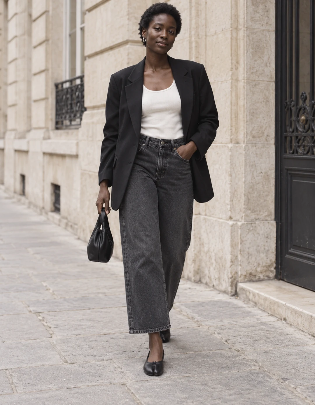 Ballerines tabi noires portées avec un jean anthracite, un débardeur ivoire et un blazer noir — visuel IA.
