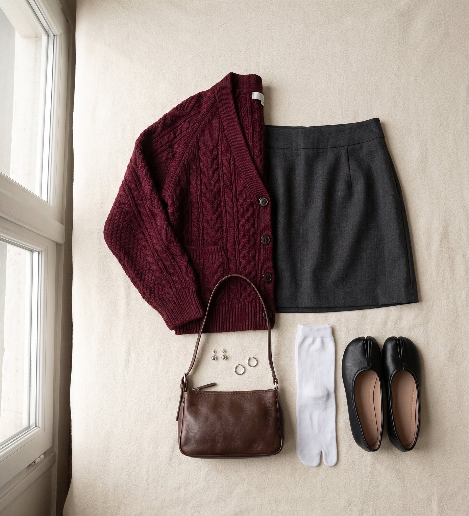 Tenue avec cardigan bordeaux, jupe grise, chaussettes tabi blanches et ballerines tabi noires.